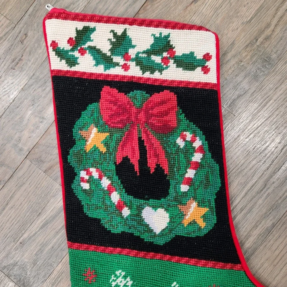 VTG Handmade Wool Needlepoint Holly‎ Wreath Candy Cane Christmas Velvet Stocking